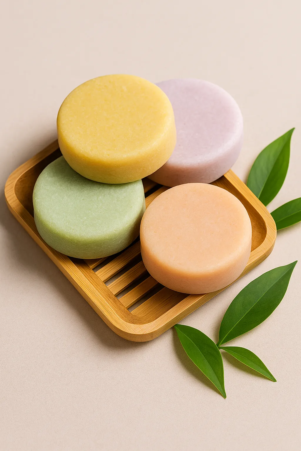 Four shampoo bars on a wooden dish