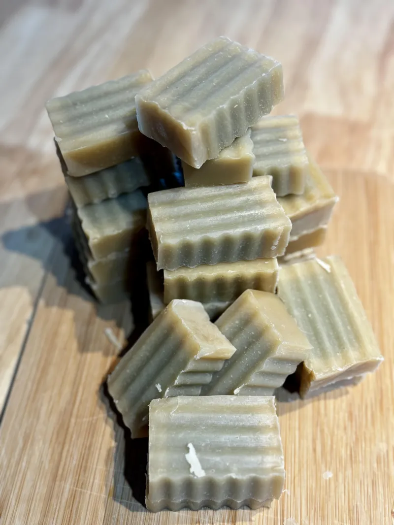 A hand-cut batch of shampoo bars curing